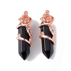 Обсидиан Подвески из натурального обсидиана, подвески с гранеными пулями, с покрытием из розового золота из сплава с розовым покрытием, без кадмия и без свинца, 47~49.5x16.5x16 мм, отверстие : 8x5 мм