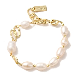 Real 14K Gold Plated Natural Pearl Beaded Bracelets, with Brass Chains, Real 14K Gold Plated, 5-7/8 inch(14.9cm)