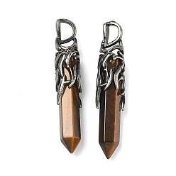 Тигровый глаз Природных тигровый глаз подвески, граненые подвески-пули с латунными крыльями дракона, античное серебро, 45~47x8.5~9 мм, отверстие : 6~6.5x4~4.5 мм