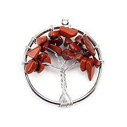Red Jasper Natural Red Jasper Tree fo Life Pendants, Iron Ring Chip Gems Tree Charms, Platinum, 30mm