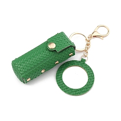 Green PU Leather Lipstick Storage Bags, Portable Lip Balm Organizer Holder for Women Ladies, with Light Gold Tone Alloy Keychain and Mirror, Green, 15x3.7cm