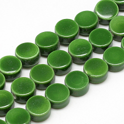 Green Handmade Porcelain Beads, Bright Glazed Porcelain, Flat Round, Green, 8~8.5x4~4.5mm, Hole: 2mm