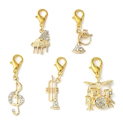 Golden Musical Instrument & Note Alloy Rhinestone Pendants Decoraiton, with Zinc Alloy Lobster Claw Clasps, Golden, 34~44.5mm, 5pcs/set