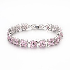 Pearl Pink Noble Gift Ideas for Lady Platinum Plated Brass Micro Pave Cubic Zirconia CZ Flower Link Chain Bracelets, with Watch Band Clasps , Pearl Pink, 170x7x5mm
