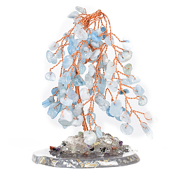 Aquamarine Natural Aquamarine Display Decoration, with Brass Wire, Agate Slice Base, for Home Desk Decorations, Tree of Life, 50~70x100mm