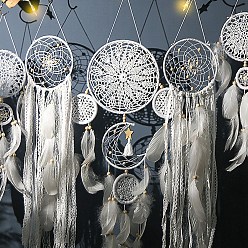 White 5Pcs 5 Style Indian Style Macrame Wall Hanging, Iron Woven Web/Net with Feather Pendant Decorations, White, 540~820mm, 1pc/style