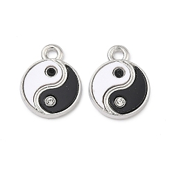 Platinum Alloy Rhinestone Pendants, Yin-yang Charms, with Epoxy Resin, Rack Plating, Cadmium Free & Nickel Free & Lead Free, Platinum, 15x12x2.5mm, Hole: 1.8mm