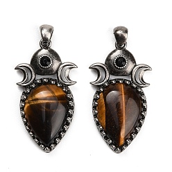 Tiger Eye Natural Tiger Eye Pendants, Brass Rhinestone Triple Moon Teardrop Bezeled Charms, Antique Silver, 44x24x7mm, Hole: 5x5mm