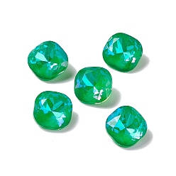 Emerald Mocha Fluorescent Style Electroplate K9 Glass Rhinestone Cabochons, Pointed Back, Faceted, Square, Emerald, 8x8x4mm