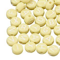 Champagne Yellow Opaque Acrylic Beads, Flat Round with White Mixed Letter, Champagne Yellow, 7x4mm, Hole: 1.5mm, about 1480pcs/200g