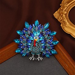 Sapphire Rhinestone Turkey Brooch Pin with Enamel, Antique Silver Alloy Badge for Backpack Clothes, Sapphire, 60x67mm