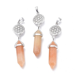 Red Aventurine Natural Red Aventurine Pointed Big Pendants, with Platinum Plated Brass Findings, Faceted, Bullet & Flower of Life, 59~67x14~15mm, Hole: 7x5mm