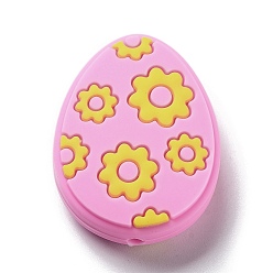Pink Easter Egg with Flower Silicone Beads, Pink, 29.5x23x9.5mm, Hole: 2.5mm