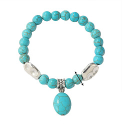 Egg Synthetic Turquoise Beaded Bracelets, Bohemia Style Alloy Charms Stretch Bracelets for Women, Egg Pattern, 6-3/4 inch(17cm), 8mm