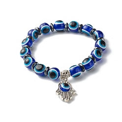 Blue Evil Eye Resin Beads Stretch Bracelet for Girl Women, Synthetic Hematite Beads Bracelet with Hamsa Hand /Hand of Miriam Charm, Blue, Inner Diameter: 2-1/8 inch(5.5cm)