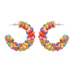 mixed color Colorful Beaded C-shaped Earrings with Hand-woven Wrapping and Retro Charm