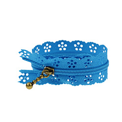 Dodger Blue Nylon Zipper, with Antique Bronze Iron Findings, Hollow Flower Pattern, Garment Accessories, Dodger Blue, 20cm