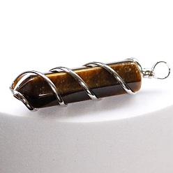 Tiger Eye Natural Tiger Eye Copper Wire Wrapped Pointed Pendants, Faceted Bullet Charms, Platinum, 45x10mm