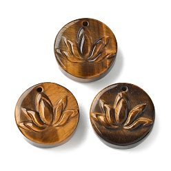 Тигровый глаз Природных тигровый глаз подвески, плоский круглый с резными подвесками в виде цветка лотоса, 25~25.5x8~11 мм, отверстие : 1.5~2 мм