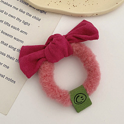 Pink bow Cute Bow Hair Tie with Suede Butterfly - Autumn/Winter, Fluffy, Smiley Ponytail.