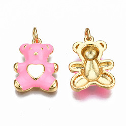 Hot Pink Brass Enamel Pendants, with Jump Rings, Nickel Free, Real 16K Gold Plated, Bear with Heart, Hot Pink, 18x13.5x3.5mm, Jump Ring: 5x0.8mm, 3mm inner diameter