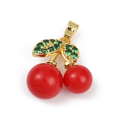 Настоящее золото 18K Латунные микро проложить кубического циркония подвески, вишня, с пластмассовой жемчужиной abs, без свинца и без кадмия, долговечный, стойки покрытие, реальный 18 k позолоченный, 19.5x17.5x10 мм, отверстие : 5x3 мм
