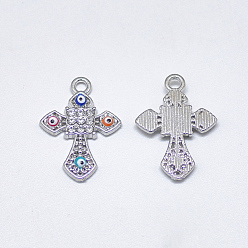Platinum Alloy Pendants, with Crystal Rhinestone and Colorful Enamel, Cross with Evil Eye, Platinum, 21x15x2mm, Hole: 1.8mm