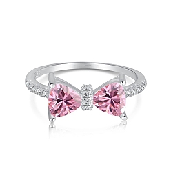 Pearl Pink Rhodium Plated 925 Sterling Silver Finger Rings, Birthstone Ring, with Cubic Zirconia Bowknot & 925 Stamp for Women, Real Platinum Plated, Pearl Pink, 1.2mm, US Size 7(17.3mm)