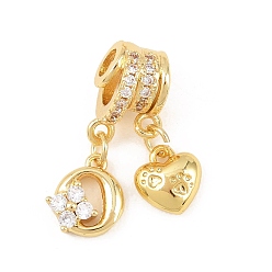 Letter O Латунные микропаве прозрачные подвески с фианитом, сердце прелести, долговечный, стойки покрытие, без кадмия и без свинца, реальный 18 k позолоченный, Письмо O, 23.5 мм, отверстия : 3 mm и 4 мм, Сердце: 8.5x8x3.5 mm, Письмо: 10.5x9x3.5 мм
