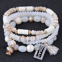 white Bohemian Ethnic Style Crystal Beaded Bracelet - Vintage, Multi-layer, Boho Chic.