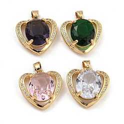 Mixed Color Brass Micro Pave Clear Cubic Zirconia Pendants, with Glass, Heart, Mixed Color, 17x17.2x7mm, Hole: 4x2.5mm
