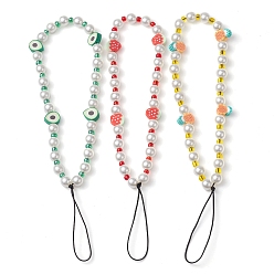 Couleur Mélangete 3pcs fruits en argile polymère et perles imitées et sangles mobiles en perles de verre, décoration d'accessoires mobiles en fil de nylon tressé, couleur mixte, 19.5~20 cm, pendentifs: 10~11.5x7~9x4~4.5 mm