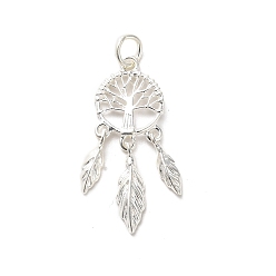 Antique Silver 925 Sterling Silver Pendants, Tree with Feather Charms, with S925 Stamp, Antique Silver, 25x10x2mm, Hole: 3mm