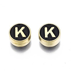 Letter K Alloy Enamel Beads, Cadmium Free & Lead Free, Light Gold, Flat Round with Alphabet, Black, Letter.K, 8x4mm, Hole: 1.5mm