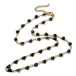 Black Ion Plating(IP) Golden 304 Stainless Steel Heart Link Chain Necklaces, with Enamel, Black, 17.72~17.91 inch(45~45.5cm)