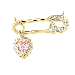 Pink Латунные микропаве прозрачные подвески с фианитом, форма скрепки с сердцем, реальный 18 k позолоченный, розовые, 18.5x25x5 мм, отверстие : 1 мм