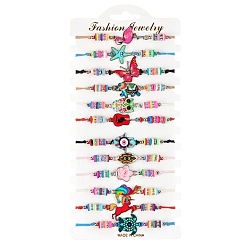 Mixed Color 12Pcs 12 Style Flamingo & Butterfly & Starfish & Hamsa Hand with Evil Eye & Flower Alloy Link Braided Bead Bracelets Set, Polymer Clay Beaded Stackable Bracelets for Children, Mixed Color, 7-7/8 inch(20cm), 1Pc/style
