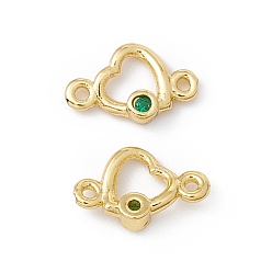 Dark Green Brass Micro Pave Cubic Zirconia Links Connectors, Real 18K Gold Plated, Heart, Dark Green, 6x9.5x2mm, Hole: 0.9mm