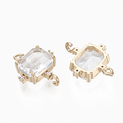Clear Glass Links connectors, with Brass Micro Pave Cubic Zirconia, Faceted, Cuboid, Light Gold, Clear, 17.5x14x5.5mm, Hole: 1.2mm