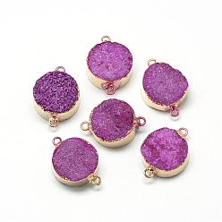 Medium Orchid Natural Druzy Agate Links connectors, with Brass Findings, Dyed, Flat Round, Medium Orchid, 29x20x9~13mm, Hole: 2mm