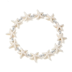 Серебро Браслеты из синтетической бирюзы и немагнитных гематитовых бусин, эластичные, для женщин и мужчин., морская звезда, белые, серебряные, внутренний диаметр: 2.01 дюйм (5.1 см)