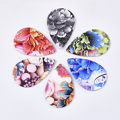 Mixed Color PU Leather Big Pendants, Double-Sided Flower Pattern, Teardrop, Mixed Color, 58x37.5x1.5mm, Hole: 2mm