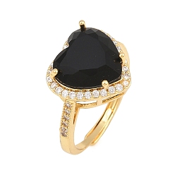 Black Heart Brass Micro Pave Cubic Zirconia Cuff Open Rings for Women, with Glass, Cadmium Free & Lead Free, Rack Plating, Real 18K Gold Plated, Black, 18mm