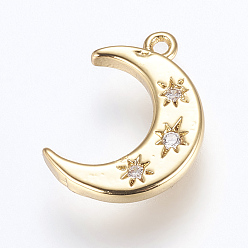 Golden Brass Charms, with Cubic Zirconia, Moon, Golden, 16x10x2mm, Hole: 1.2~1.5mm