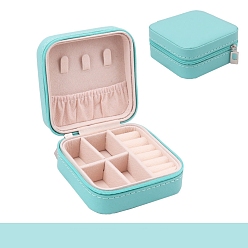 Medium Turquoise Square PU Leather Jewelry Set Box, Travel Portable Jewelry Case, Zipper Storage Boxes, for Necklaces, Rings, Earrings and Pendants, Medium Turquoise, 10x10x5cm