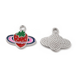 Pink Alloy Enamel Pendants, Strawberry Charms, Platinum, Pink, 14.5x17x1.5mm, Hole: 1.8mm
