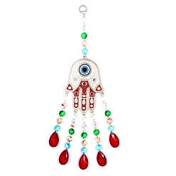 Colorful Hamsa Hand/Hand of Miriam with Evil Eye Alloy Lampwork Pendant Decoration, Hanging Suncatcher, with Glass Teardrop Charm and Octagon Link, Colorful, 390mm