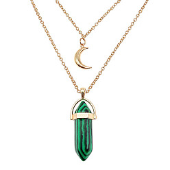 Malachite Natural Malachite Cone Pendant Double Layer Necklace, with Moon Charms, 19.69 inch(50cm)