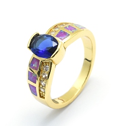 Золотой Кубические кольца из циркония, с синтетическим опалом и медными находками, долговечный, овальные, Размер 7, синие, золотые, 17.5 мм