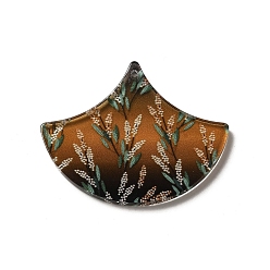 Saddle Brown Printed Acrylic Pendants, Fan with Flower, Saddle Brown, 32x39.5x2mm, Hole: 1.6mm